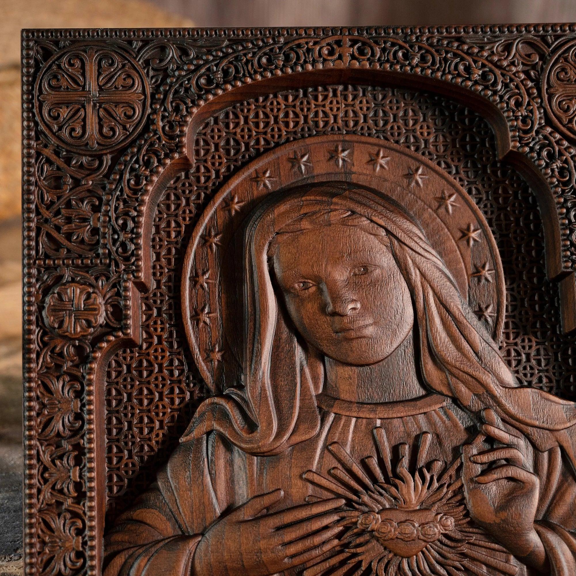 Cœur Immaculé de Marie Sculpture en Bois.
