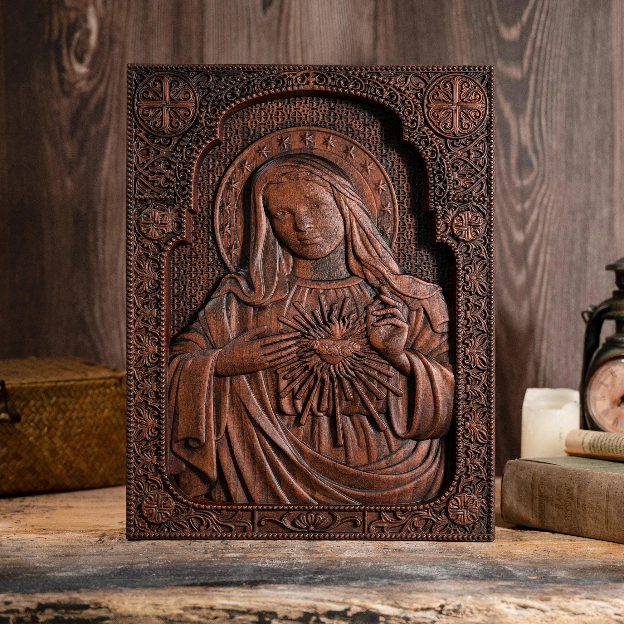 Cœur Immaculé de Marie Sculpture en Bois.